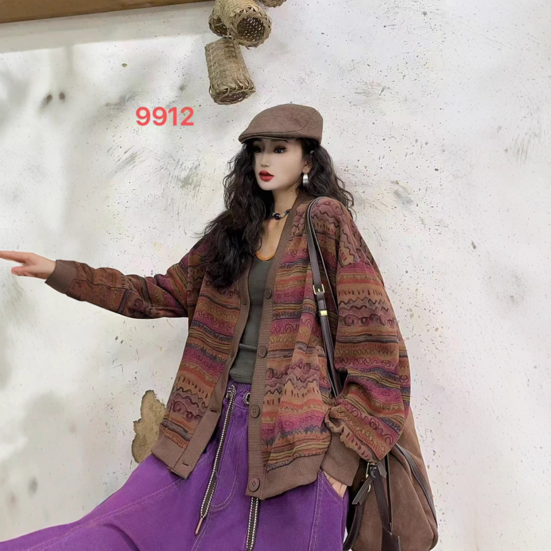 条纹针织开衫女 2025秋新款复古印花宽松V领大码毛圈棉卫衣 9912|undefined