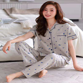 睡衣女夏季仿棉短袖长裤可爱2025新款春秋款薄款可外穿家居服套装