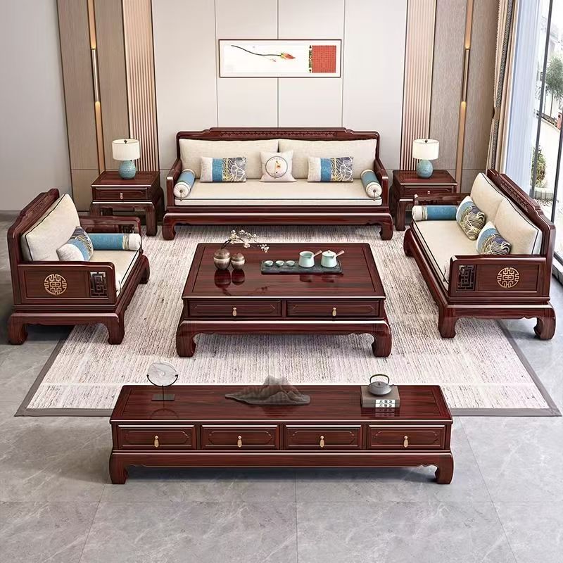 Chinese Rosewood Solid Wood Sofa African Combination Imported Living Room Small Apartment Carved High-End Mahogany Furniture