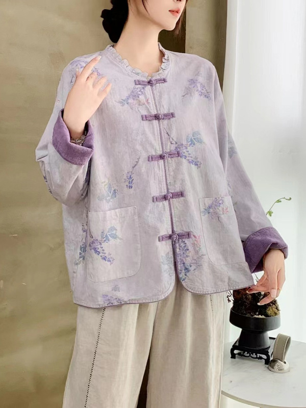 2025秋款新中式印花开衫外套女木耳领复古撞色盘扣外搭开衫上衣|undefined