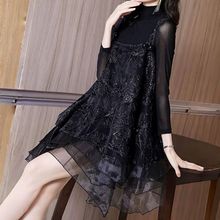 新款大码重工秋冬蕾丝网纱时尚宽松刺绣显瘦两件套连衣裙绣花