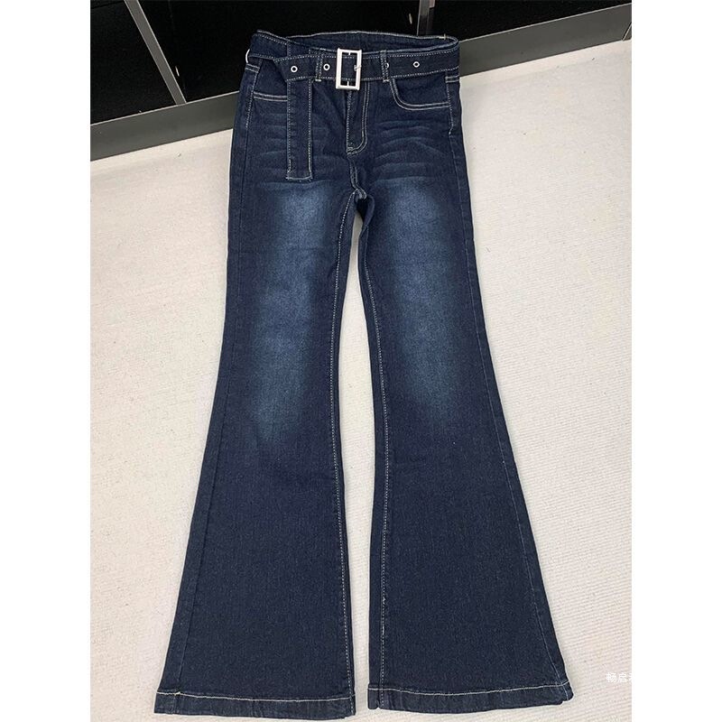 American Retro Spicy Girl Dark Blue Petite Skinny Flared Jeans Women's Stretch Slim Fit Floor-Length Pants