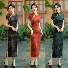 老上海復古國風長款短袖旗袍2024春夏新款傳統民族風日常宴會旗袍