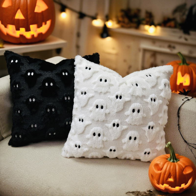クロスボーダーハロウィンゴースト枕カバー pv ぬいぐるみ立体ゴースト刺繍黒と白のホリデー装飾クッション卸売|undefined
