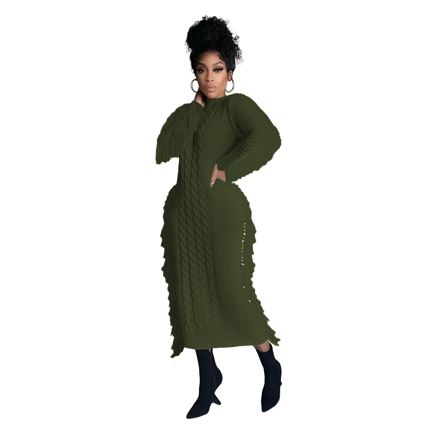 Robe pull femme avec franges longues en maille pour l'hiver_voghion.com