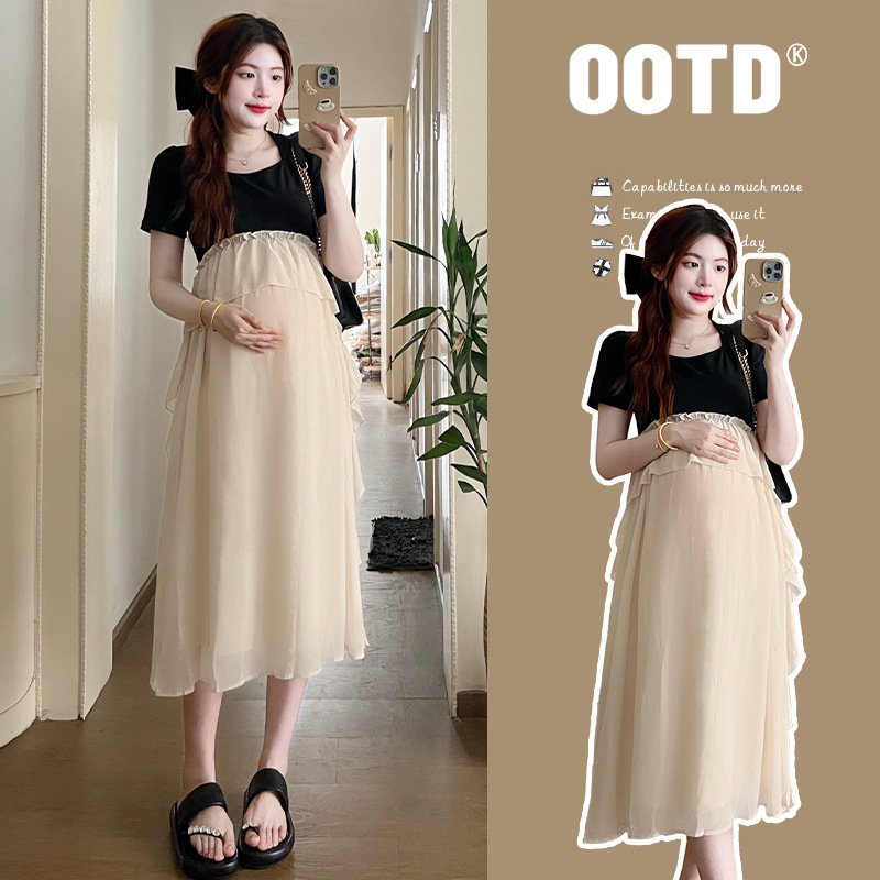 2025 Summer New Korean Style Fashionable Loose Fake Two-Piece Spliced Mid-Length Maternity Dress Chenille Cotton 2025 Summer New Korean Style Fashionable Loose Fake Two-Piece Spliced Mid-Length Maternity Dress Chenille Cotton