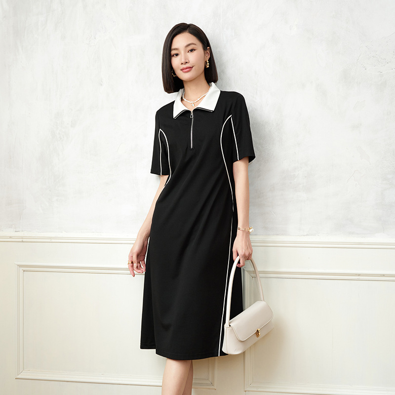 French Hepburn Style Contrasting Color Polo Collar Little Black Dress Zipper Curve Slimming Look Waist Dress Short-Sleeved Commuter Skirt