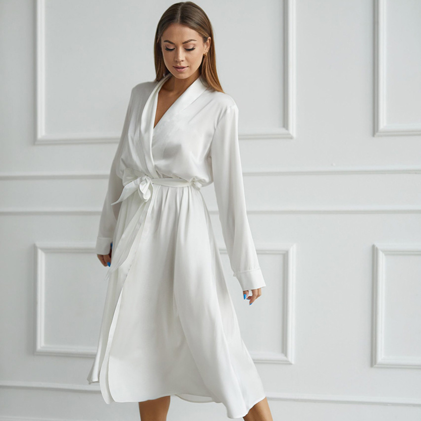 2026 European and American Spring and Summer New Style Imitation Silk Lace-Up Long-Sleeved Long Pajamas and Nightgowns, Comfortable and Soft Women's Home Wear 2026 European and American Spring and Summer New Style Imitation Silk Lace-Up Long-Sleeved Long Pajamas and Nightgowns, Comfortable and Soft Women's Home Wear
