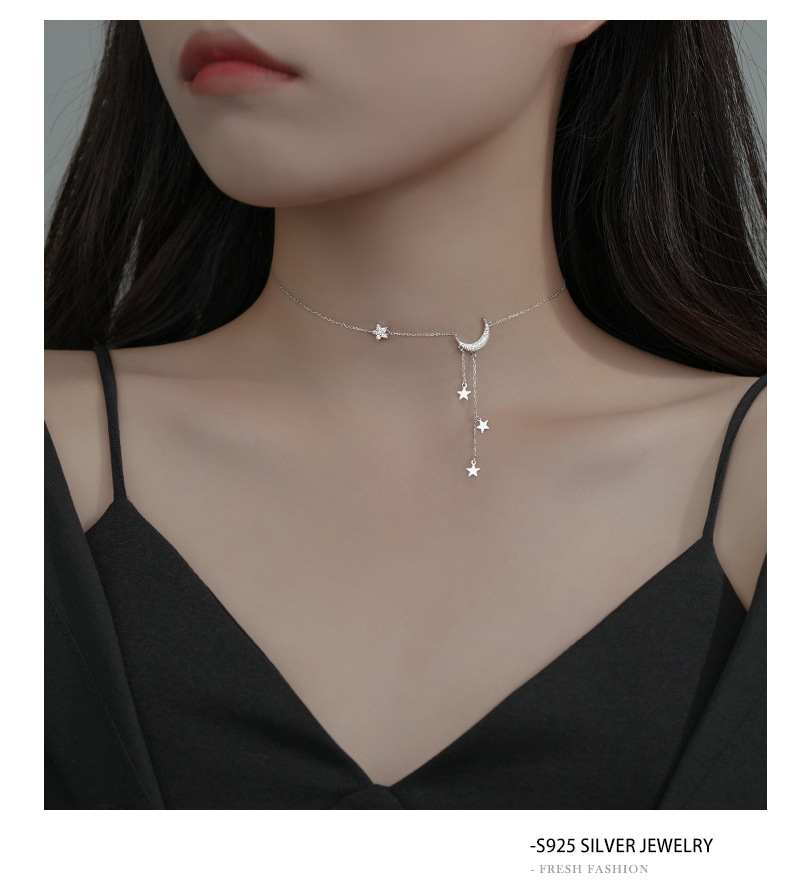 cable chain Chain Type 1 Piece Quantity Holiday, Daily Occasion 925 Sterling Silver Zircon Cable Chain Plating Star Moon Pendant Necklace