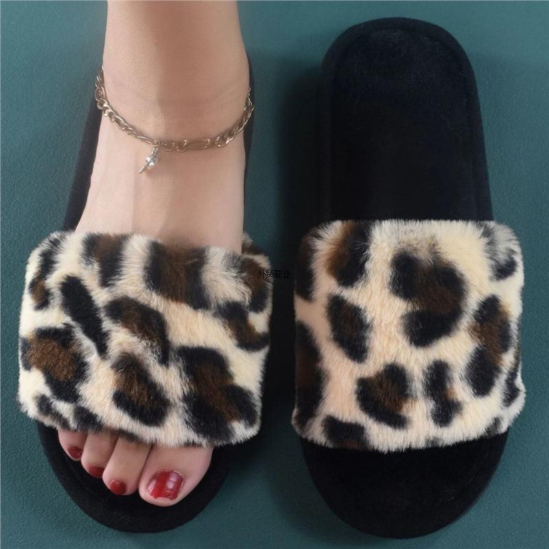 Trollo de moda al por mayor piel peluda apertura leopardo fabricante zapatillas cálidas otoño e invierno zapatillas de una palabra felpa interior
