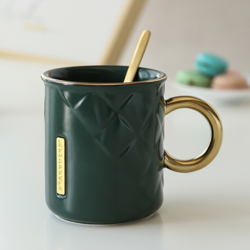 Ceramic Simple Striped Coffee Cup with Spoon, Office Couple's Water Cup with Engraved Exclusive Logo and Gold Handle Ceramic Simple Striped Coffee Cup with Spoon, Office Couple's Water Cup with Engraved Exclusive Logo and Gold Handle