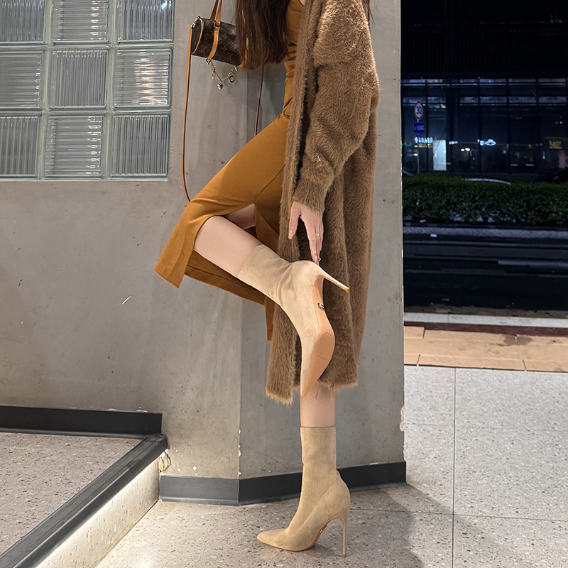 Black High Stretch Slim 2025 Spring And Autumn New Women Pointed Toe Slimming Thin Heel Short Single Boots Socks_voghion.com