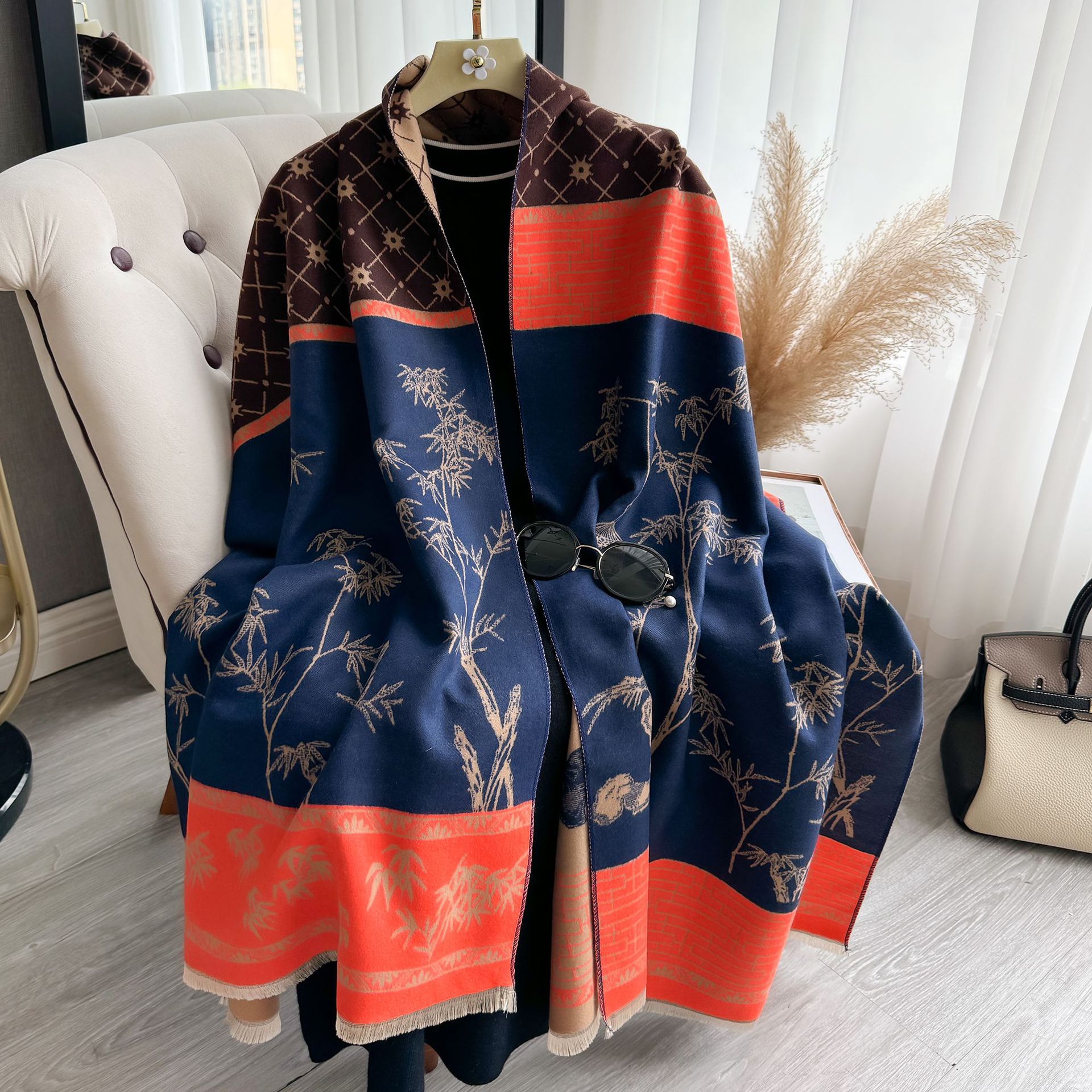 Nueva moda vintage bambú impresión bufandas para damas de alto nivel 2024 otoño y invierno grueso manteniendo el calor bufandas