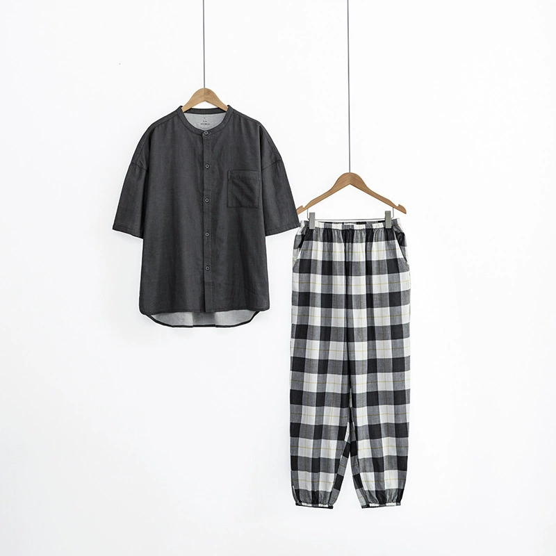 Хорошая Хлопковая пижама MUJI в японском стиле с короткими рукавами, двухслойная пряжа, мужская и женская пижама, домашняя одежда в клетку, брючный костюм для пар