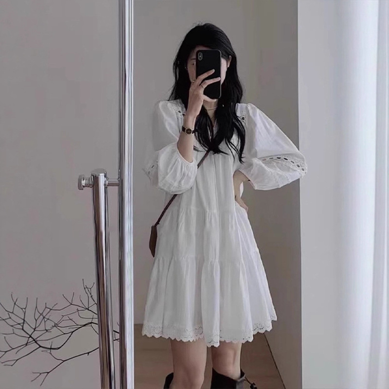 Ethnic Style Hollow-Out French Patchwork Long-Sleeve Dress 2026 Spring and Autumn New Bohemian Loose Short Dress