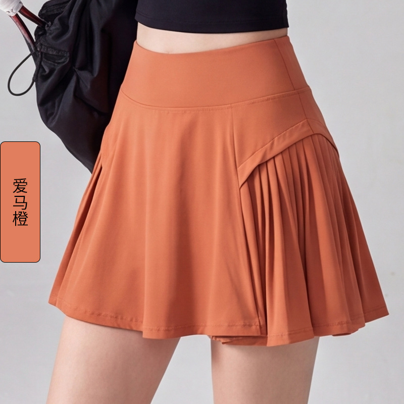Women's summer outdoor A-line pleated skirt, faux two-piece, anti-exposure, high-waisted, tummy control, with inner lining and pockets, quick-drying