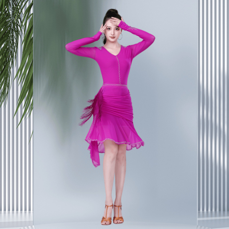 吉特巴新款彩钻连体网纱演出舞服广场舞拉丁舞流苏练功跳舞半身裙