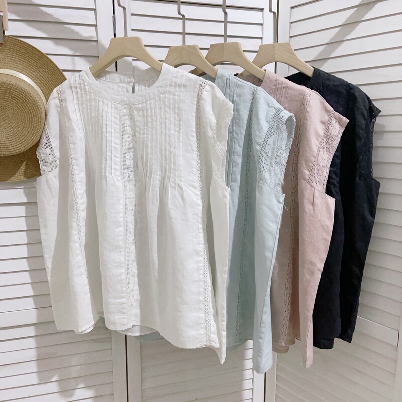 Summer Hemp Organ Pleated Lace Stitching Shoulder Sleeve Round Neck Pullover Shirt Top