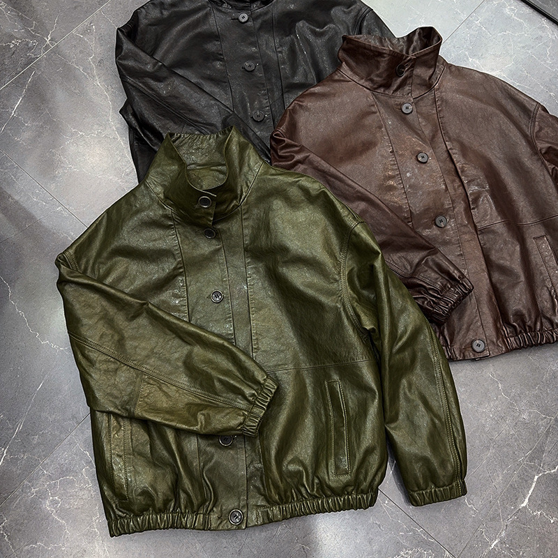 2025 Autumn New Oil Wax Casual Loose Genuine Leather Jacket Women's Short Sheepskin Jacket Fashion Versatile