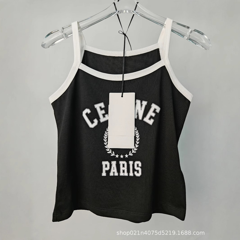 Ce25 Summer Arc De Triomphe Letter Print Camisole Women's Short Slim-Fit Versatile Sleeveless Top Round Neck