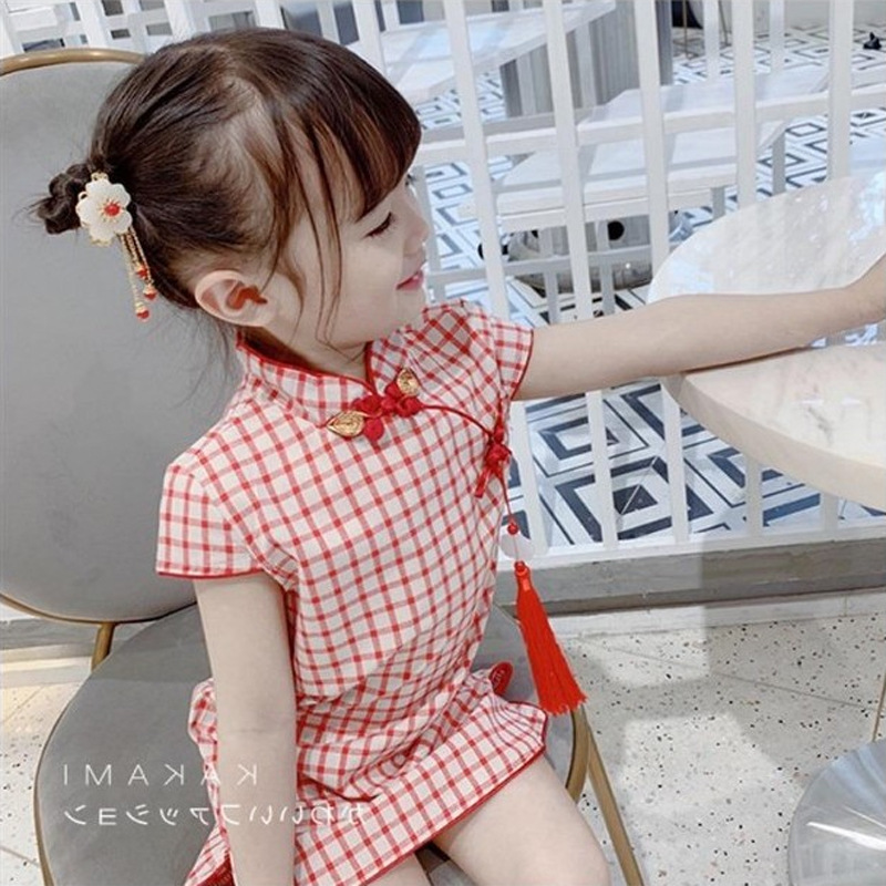 2022 Summer Girls' Dress New Retro Literary Baby Cheongsam Cotton Lined Short Sleeve Children's Cheongsam Wholesale