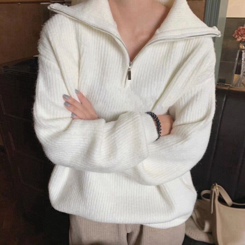 Korean Style Distinctive Fashion Zipper Lapel Sweater Women's Japanese Style Outfit ins Gentle French Style Lazy Design Sense Korean Style Distinctive Fashion Zipper Lapel Sweater Women's Japanese Style Outfit ins Gentle French Style Lazy Design Sense