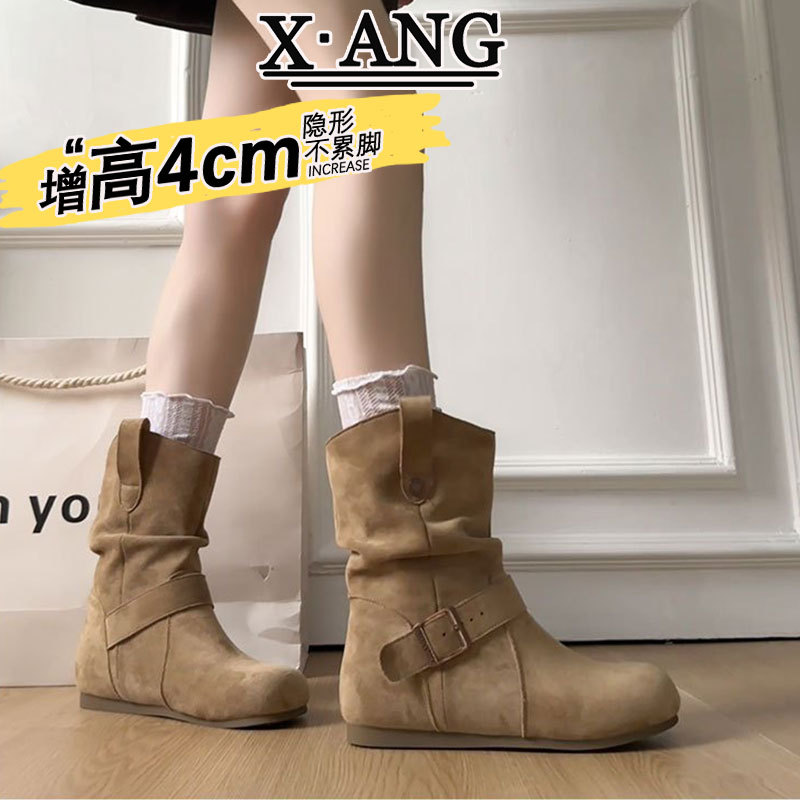 小个子内增高堆堆靴真皮勃肯短靴子女马丁靴女款西部牛仔靴中筒靴