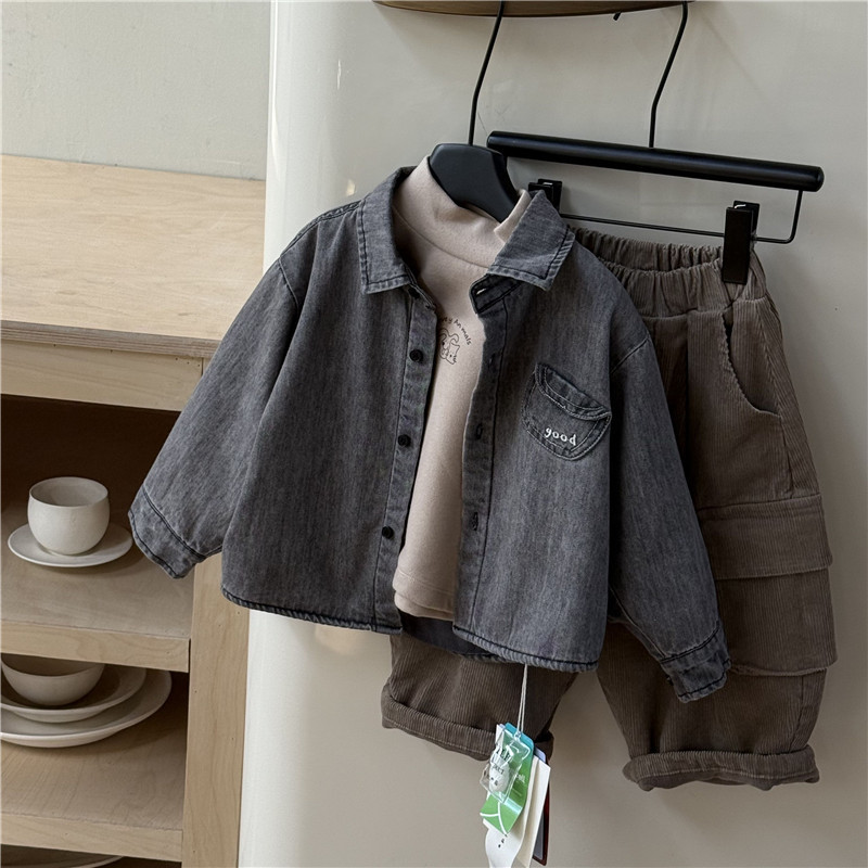 Children's Brand Naihe Kidsren's Clothing Fleece-Lined Denim Shirt 25 Winter New Korean Style Cardigan Kidsren's Shirt for Boys and Girls