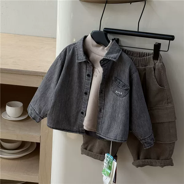 Children's Brand Naihe Kidsren's Clothing Fleece-Lined Denim Shirt 25 Winter New Korean Style Cardigan Kidsren's Shirt for Boys and Girls