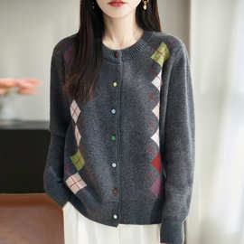 2025秋冬撞色菱格针织衫女开衫上衣气质复古上衣彩扣女装毛衣