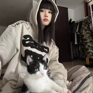 华棉美式高街小众刺绣字母oversize宽松长袖连帽加绒卫衣女情侣