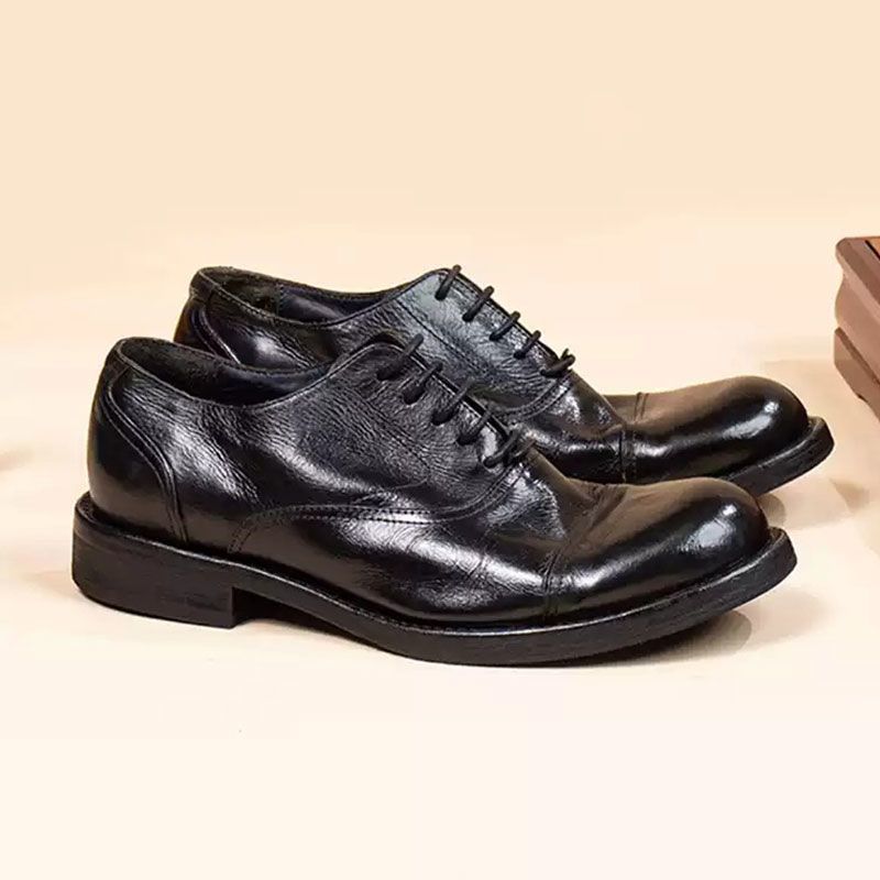 Source Factory Horsehide Shoes Genuine Leather Sole Washed and Distressed Business Casual Thick-Soled Three-Joint Oxford Shoes