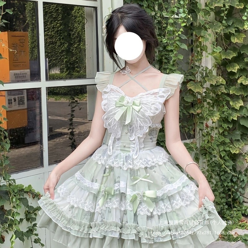 花の季節の約束白と緑の蝶サマーフェアリードレス小さな新鮮なプリンセスガール誕生日ショートスカートロリータ|undefined
