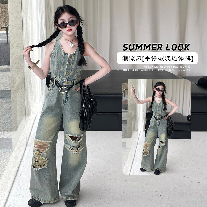 女童牛仔裤2025新款夏装儿童背带裤时髦破洞裤子中大童装连体裤子
