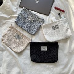 法式小眾小花朵純色化妝包 收納包黑白氣質簡約手拿包學生筆袋