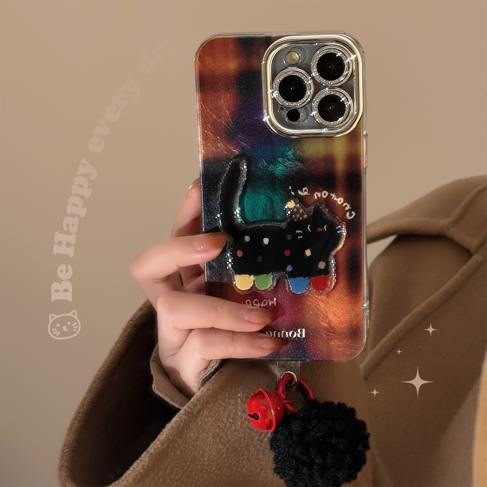Funda 3D con diseño de gato negro con lunares, adecuada para iPhone 17 Pro Max, funda para teléfono Apple iPhone 16, estilo caricaturesco, con colgante 13, rígida 14 image 4