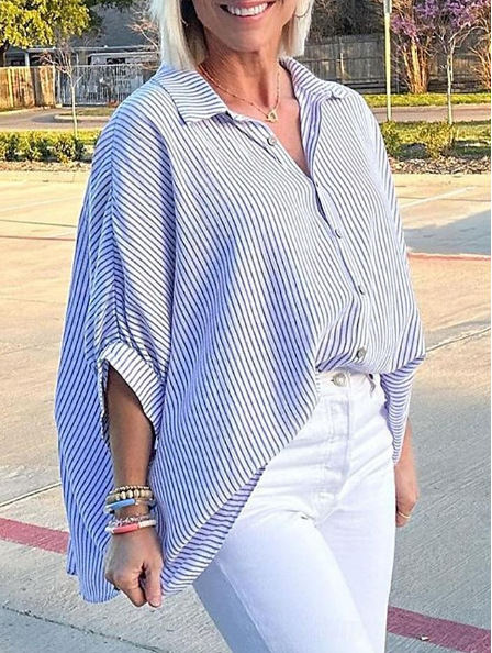 Women's Clothing Classic Stripe Button-Down Shirt For Women, Mid-Sleeve Casual Top For Spring And Summer_ecoleips.com