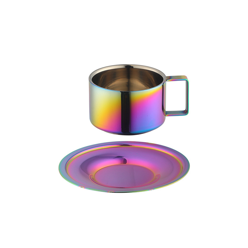 304 taza de café de doble capa de acero inoxidable estilo europeo con juego de platillo taza de té perfumado de oro Chapado en titanio taza de leche al por mayor
