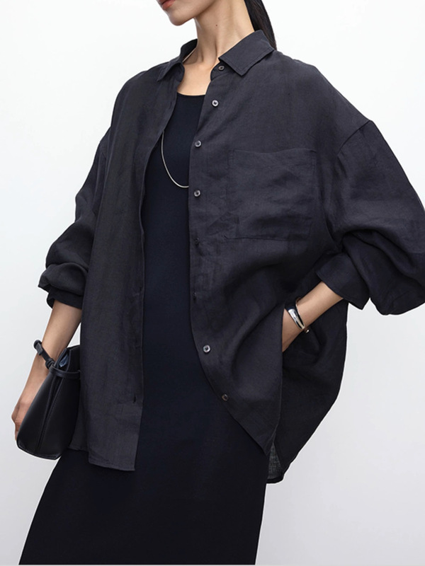 工厂直销100%进口亚麻白色女士衬衫女松弛高级感宽松长袖衬衣新款|undefined
