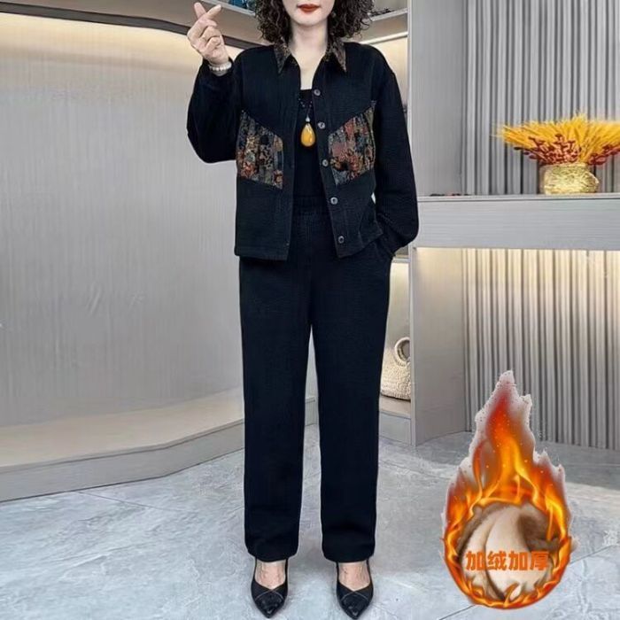 中老年翻领外套运动套装女秋冬宽松休闲洋气妈妈装国风加绒两件套|undefined