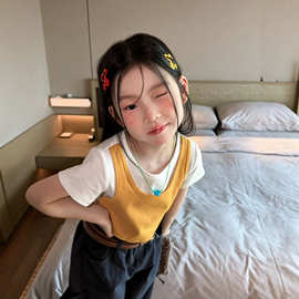 女童装2026新款韩版假两件短袖t恤女童夏季百搭洋气短款修身上衣