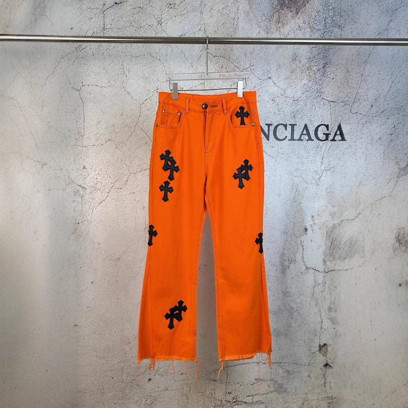 2025 new high-end model, heavy-weight fabric, SS Chrome Hearts trendy brand orange cowhide patchwork men's and women's flared jeans