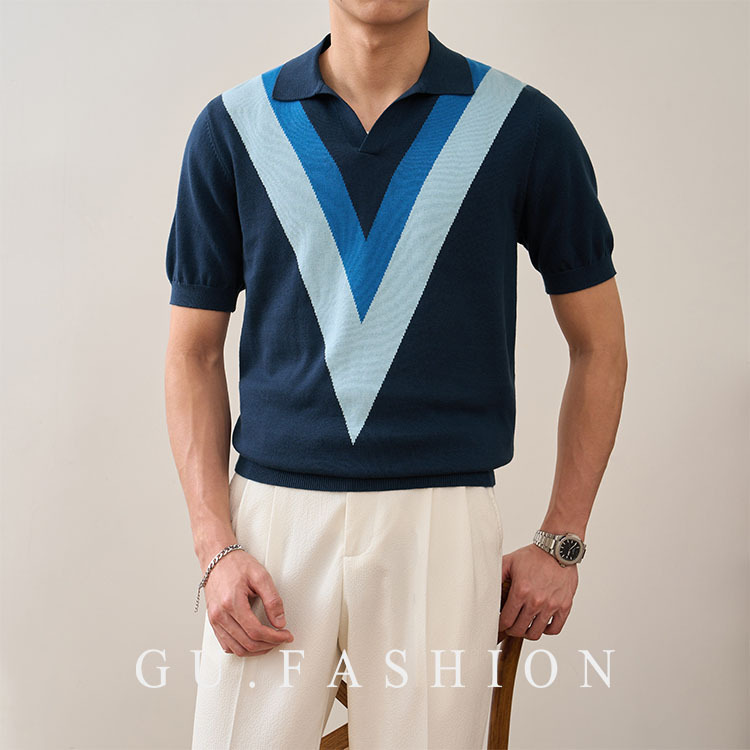 Summer new short-sleeved sweater men's striped triangle POLO shirt V-neck slim business T-shirt foreign trade cross-border wholesale