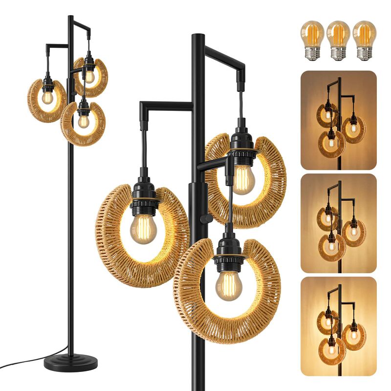 Bohemian Style Living Room Floor Lamp with Stepless Dimming, Hemp Rope Floor Lamp, Farmhouse High-Leg Bedside Lamp, Standing Lamp