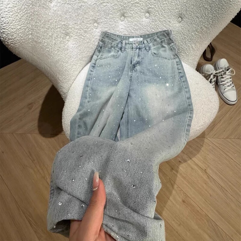Cross-Border Foreign Trade Star-Studded Rhinestone Jeans for Women, Spring and Autumn, Loose Straight-Leg with Rhinestones, Narrow Wide-Leg Pants Cross-Border Foreign Trade Star-Studded Rhinestone Jeans for Women, Spring and Autumn, Loose Straight-Leg with Rhinestones, Narrow Wide-Leg Pants
