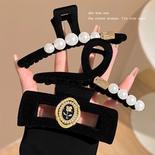 大号黑色植绒珍珠发夹女后脑勺盘发鲨鱼夹子气质复古抓夹头饰发卡