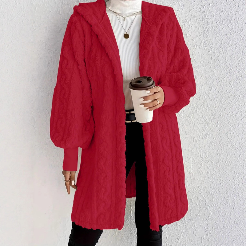 速売通Wish ebay 2025秋冬欧米の女性服の純色の長袖の帽子のゆったりした毛の羽毛の上着の女性|undefined