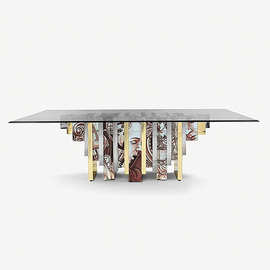 意式轻奢艺术手工彩绘餐桌现代简约别墅设计师实木玻璃长桌子