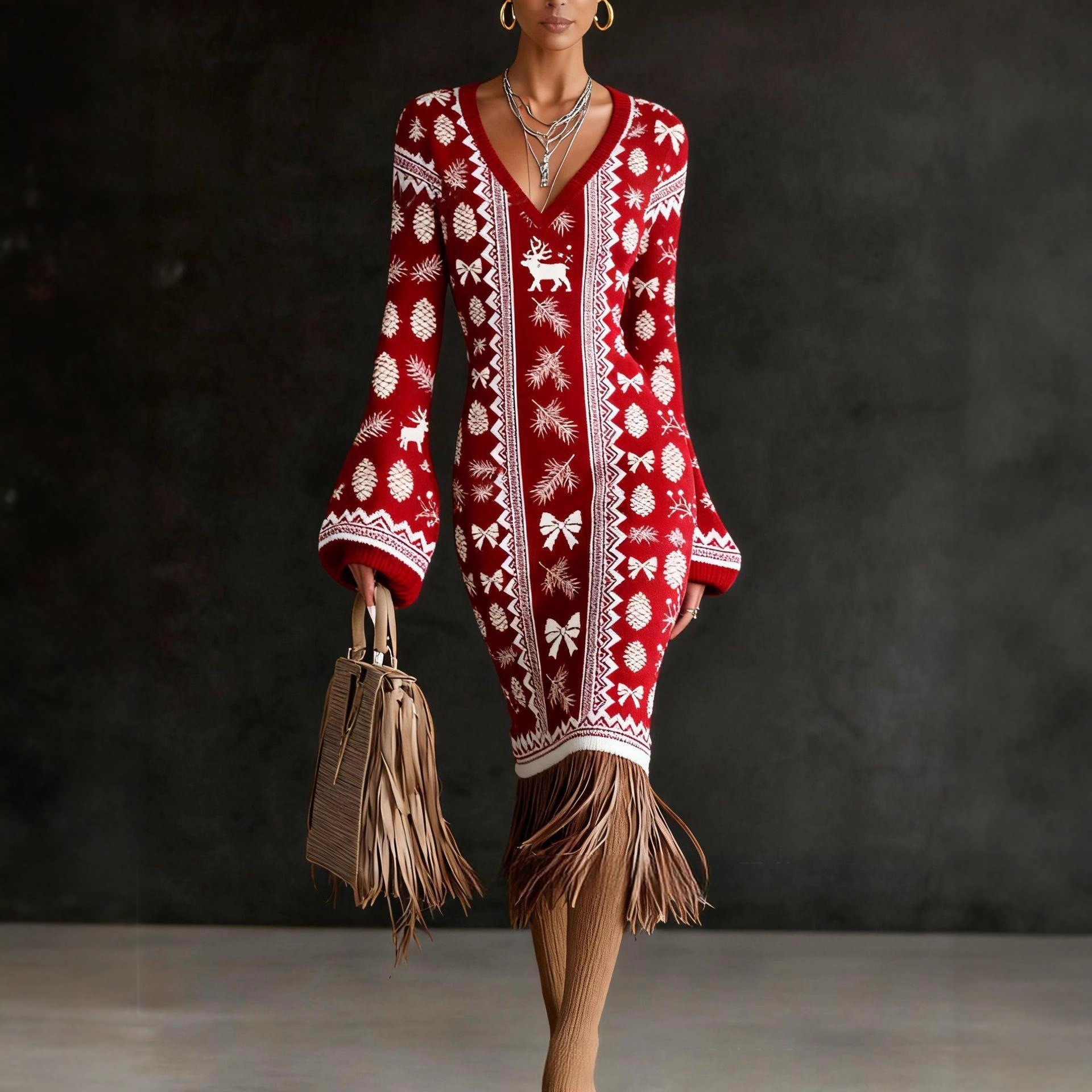 Temu Elegant Women's Sweater Knitted Dress Christmas Series Printed Plaid V Neck Slim Tassel Skirt