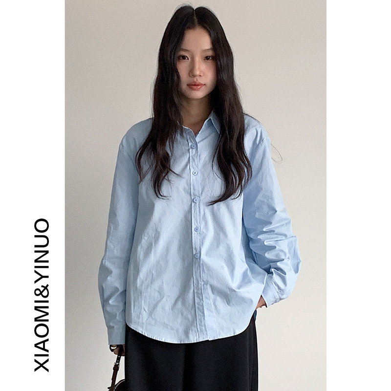 [Sweater Vest Companion] Easiest for Match Sky Blue Casual Shirt for Women in All Seasons, Loose Long-Sleeved Casual Shirt 8582